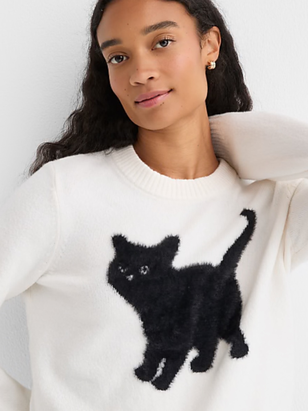 Loft Fuzzy Black Cat Crewneck
